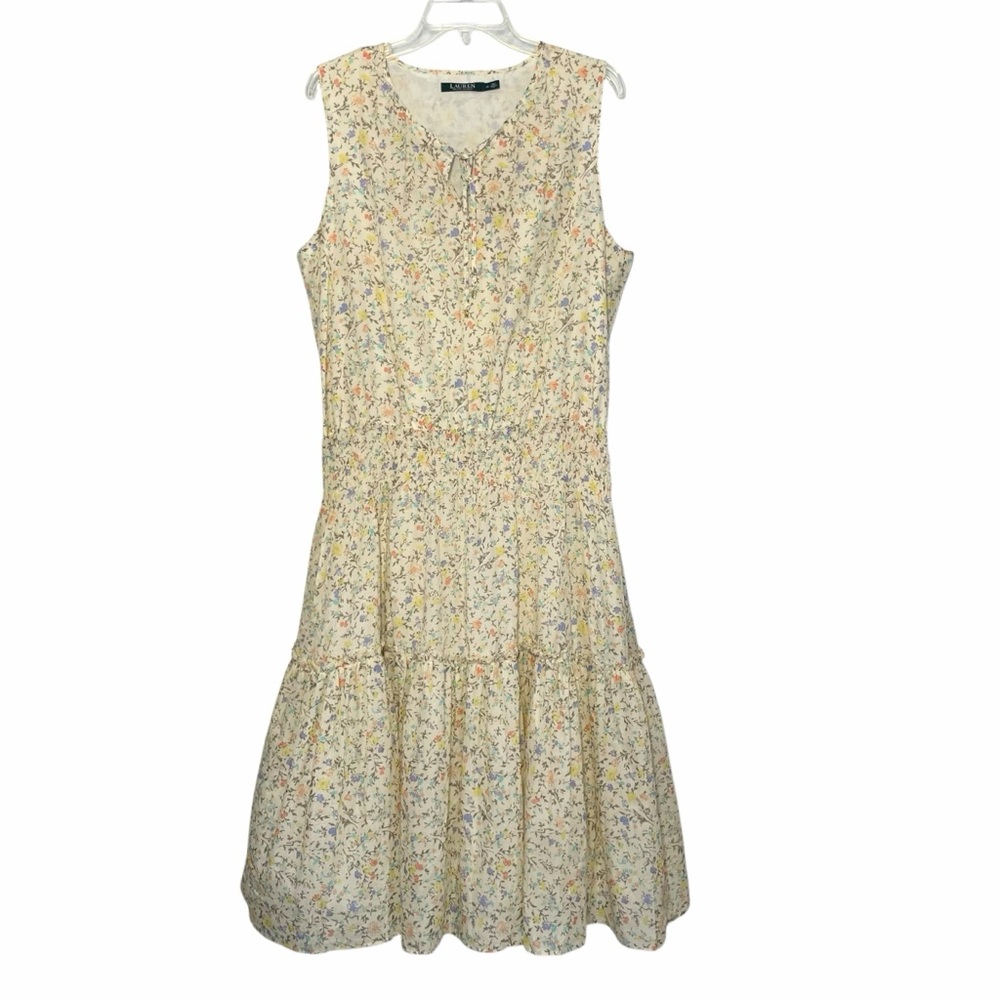 Lauren Ralph Lauren prairie dress floral midi tiered ruffle sleeveless sz 16